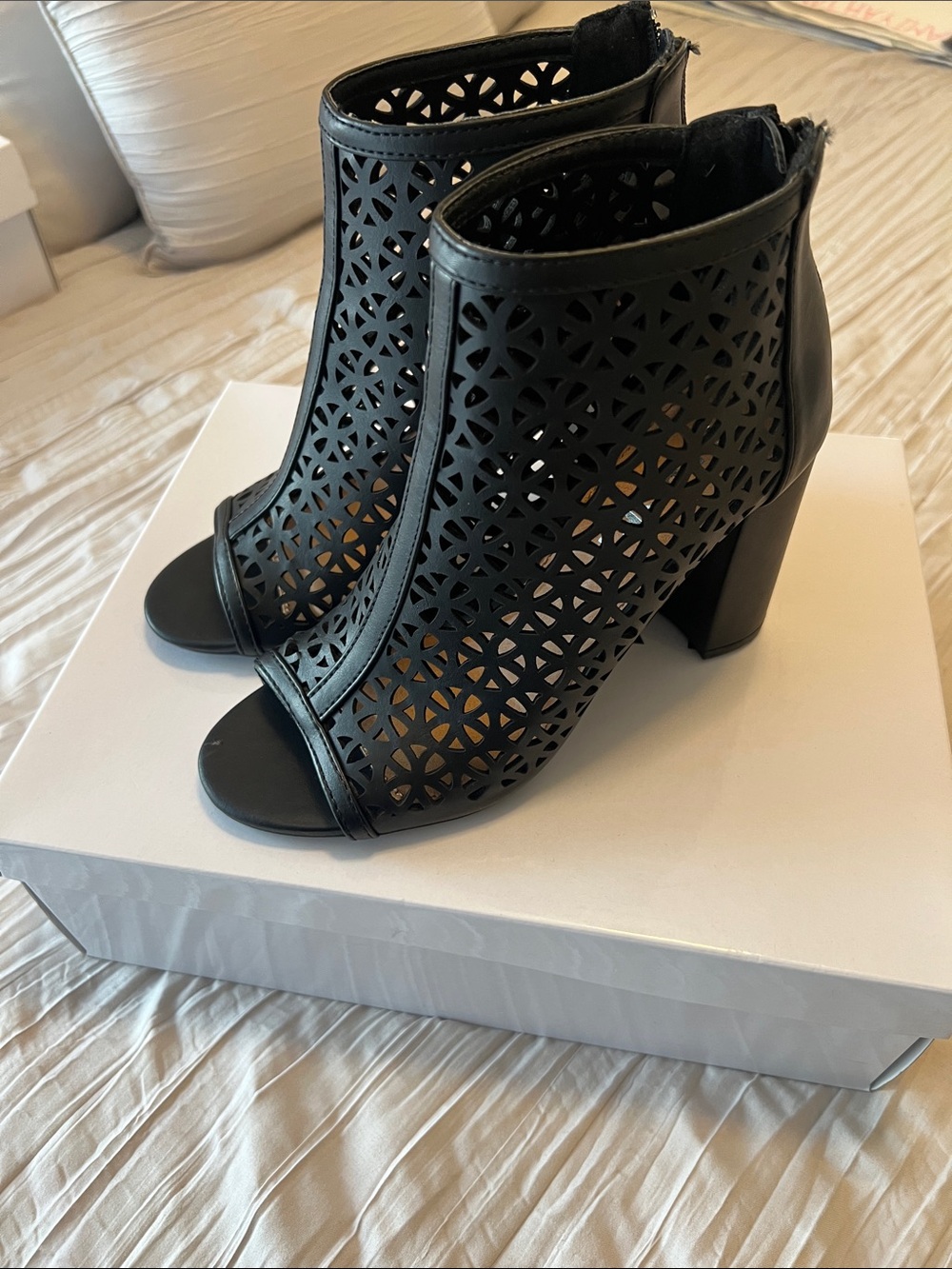 Report Black Laser-Cut Peep-Toe Block Heel Booties